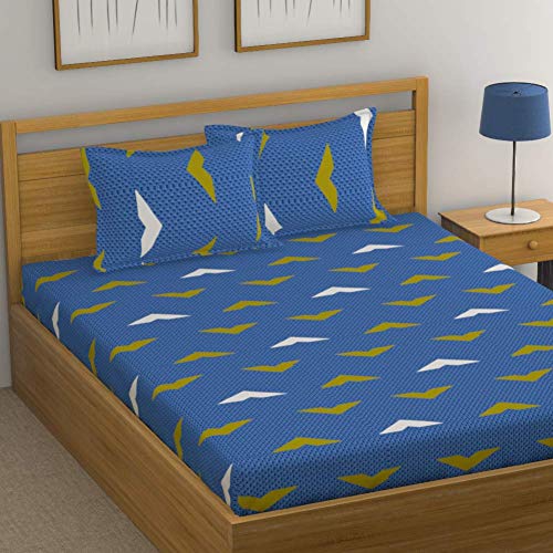 Huesland by Ahmedabad Cotton 144 TC Cotton King Size Bedsheet with 2 Pillow Covers | Blue, White & Green