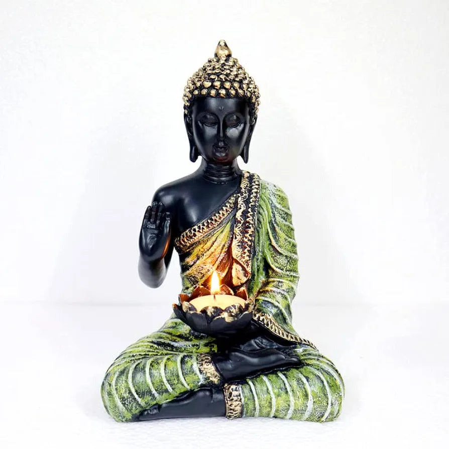 Jaipur Ace Sitting Buddha Idol Statue for Home Decorations Items Showpiece Green tea Light Buddha