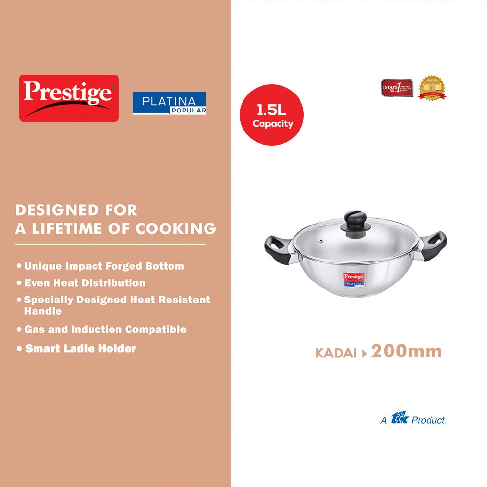 Prestige SS Platina Popular Kadai, 200 mm (Stainless Steel, Silver)