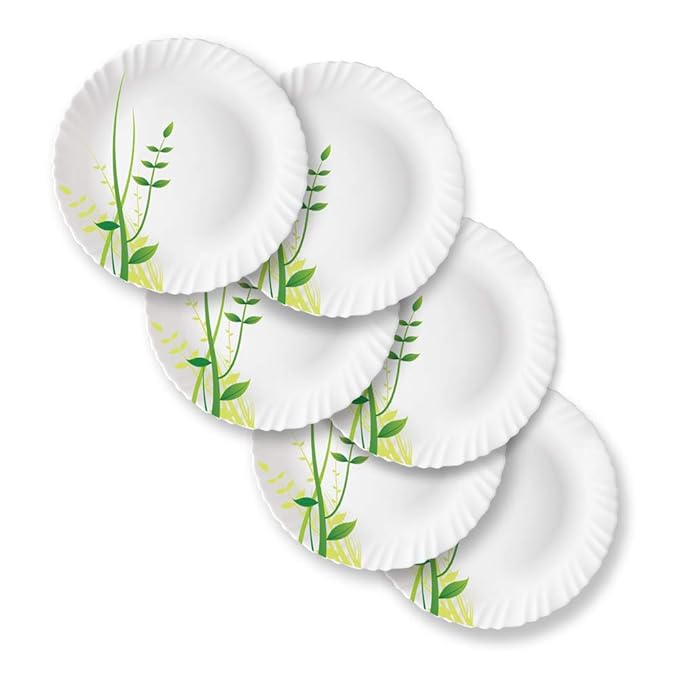 Larah by Borosil Green Herbs, Opalware Full Plate | 11 Inch |white | Set of 6