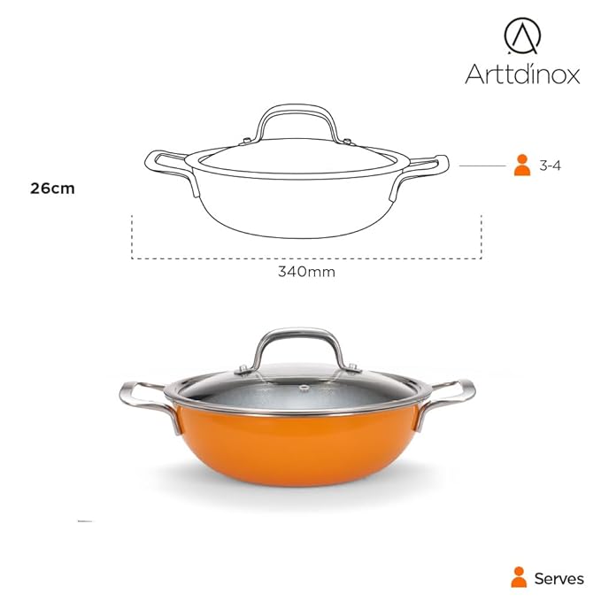 Arttdinox Vida Triply Stainless Steel Kadai | Non Stick Kadhai | Kadai With Lid for Cooking | Induction Kadai | 24cm | 2.7 Ltr
