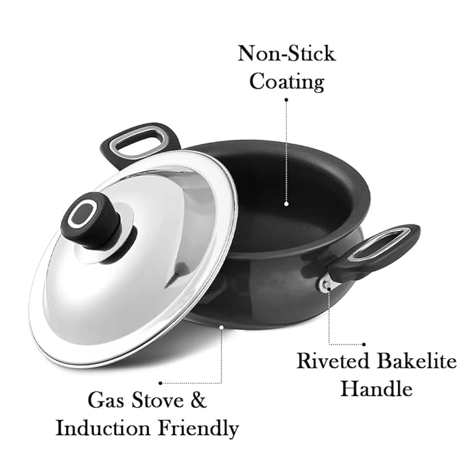 Vinod Hanos Hard Anodised Non Stick Handi with Lid - 3.8 Litre Small | 3.25mm Thick | 5X Long Lasting