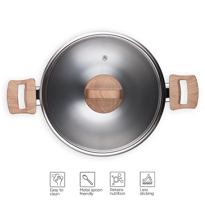 Arttdinox Timber Triply Stainless Steel Kadai | Triply Kadhai With Lid | 24cm | 2.7 Ltr | Jindal Stainless | Silver