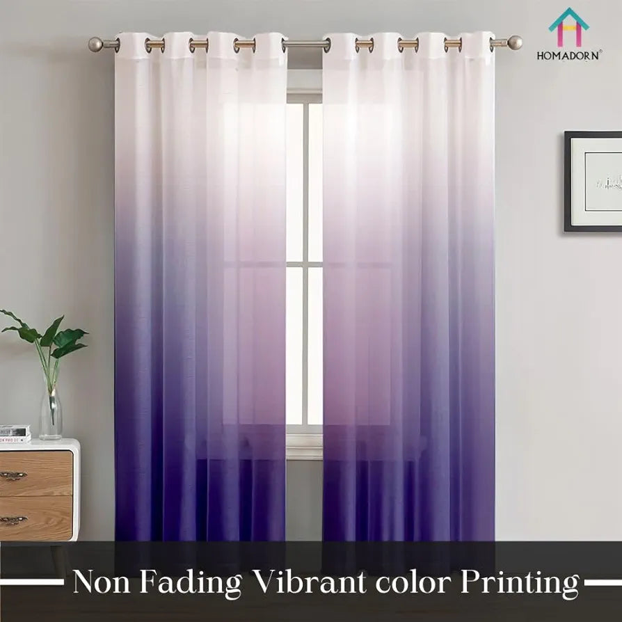 Homadorn Ombre Printed Linen Textured Sheer Curtains White + Purple