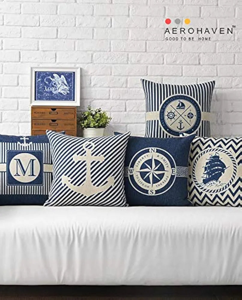 Aerohaven Set of 5 Cotton Abstract Designer Decorative Throw Pillow/Cushion Covers Colour Blue