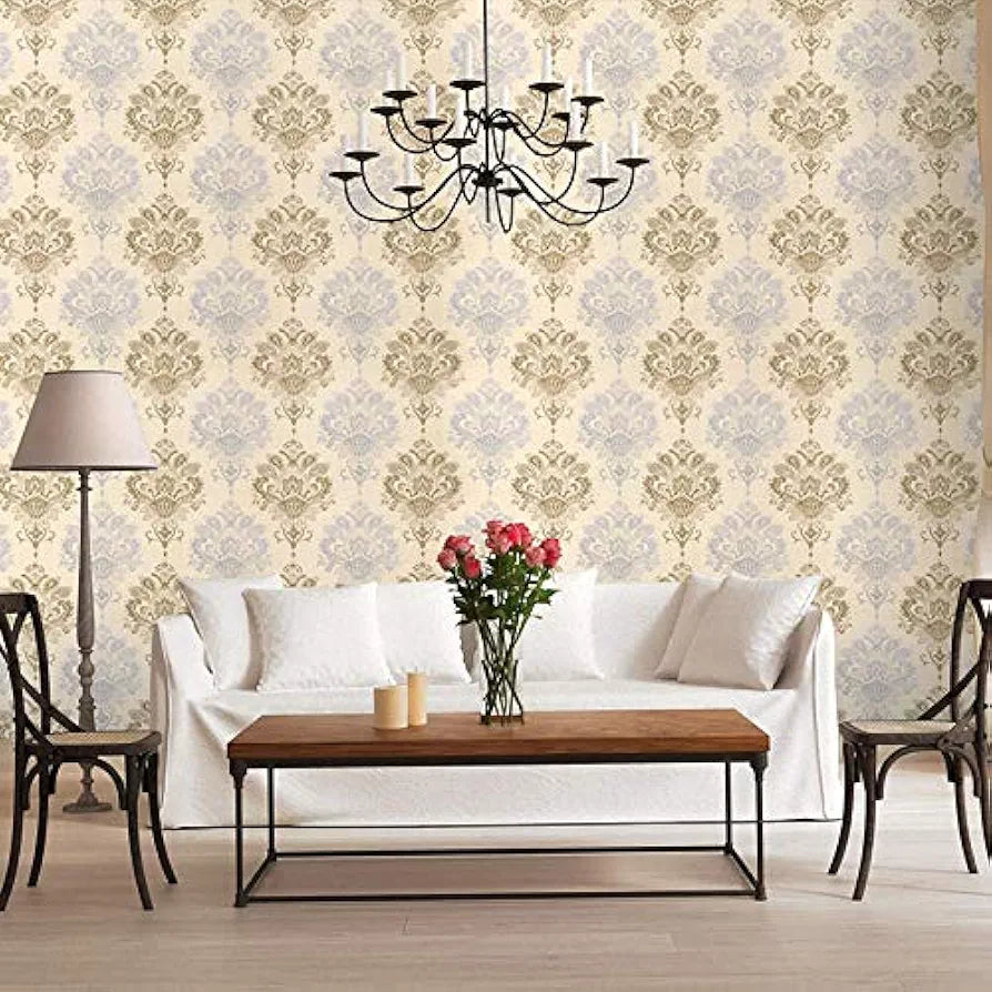 Jaamso Royals Silver & Gold Damask Peel and Stick Self Adhesive Wallpaper Wall Sticker