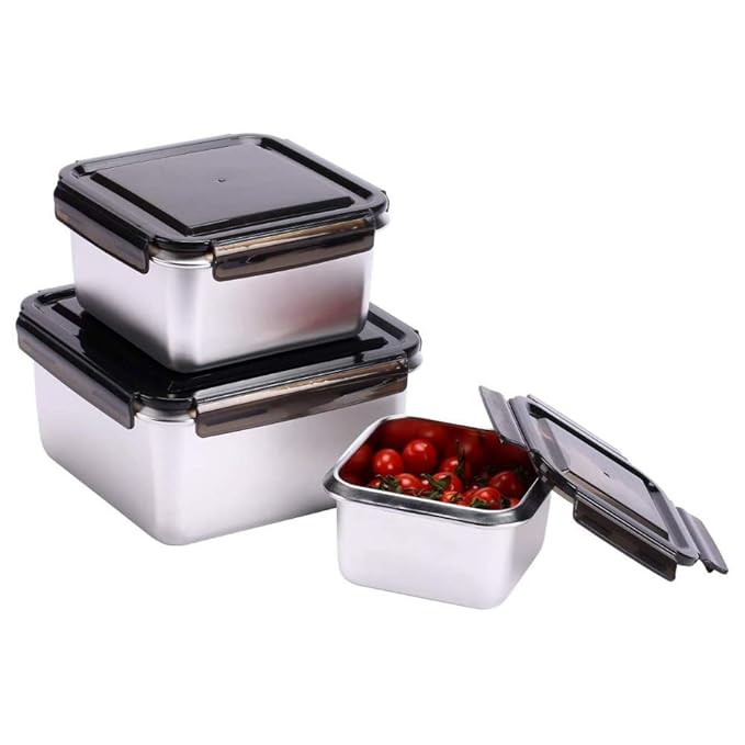 Femora High Steel Square Container Airtight Leakproof Unbreakable Storage Container/ Lunch Box | 550 Ml | Set of 3