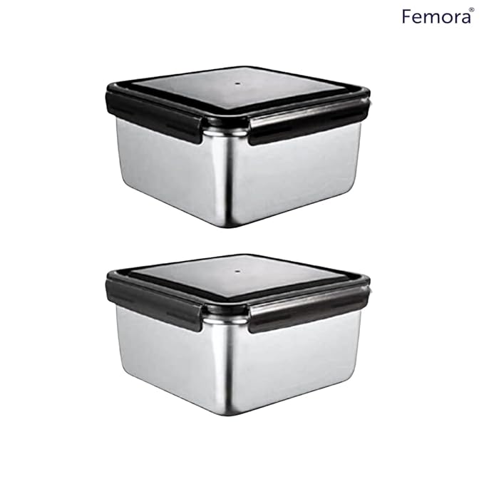 Femora High Steel Square Container Airtight Leakproof Unbreakable Storage Container/ Lunch Box | 550 Ml | Set of 2