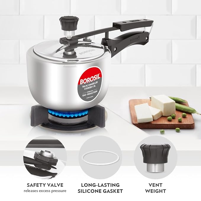 Borosil Triply Induction Base Inner Lid Stainless Steel Pressure Cooker | 1.5 Litres | 500 Milliliter