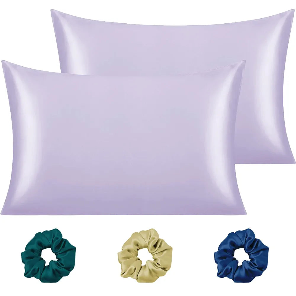 Cloth Fusion Satin Pillow Cover Set of 2 Pillow case with 3 Satin Soft Scrunchies Lilac Colour