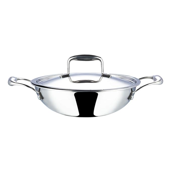 Vinod Platinum Triply Stainless Steel Kadai with lid 5.5 Litre (32 cm) | 2.5mm Thick | 3 Layer Stainless Steel Cookware