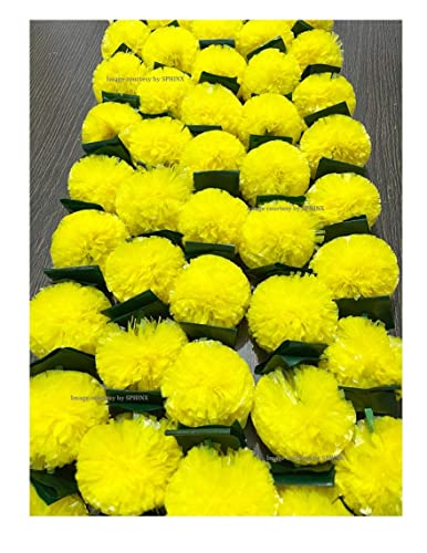 Artificial Marigold Fluffy Flowers Garlands Pack of 5 Yellow with Green Leaves 5 ft
