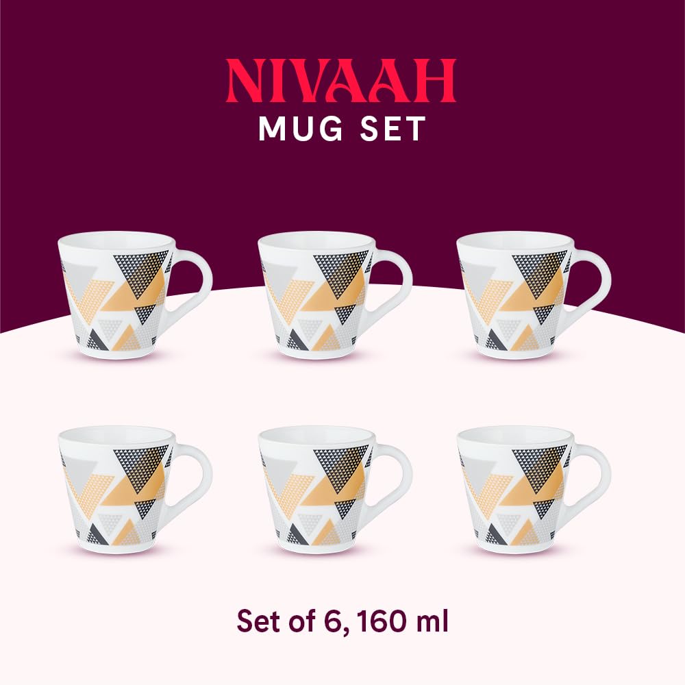 Larah by Borosil Novelty Series Nivaah Opalware Mug, Set of 6 Tea/coffee Mugs | 160 Ml Each
