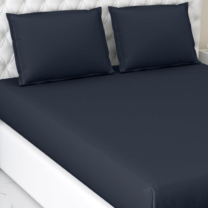 Haus & kinder Cotton Elastic Fitted Bedsheet King Size 2 Pillow Covers | Colour Navyblue