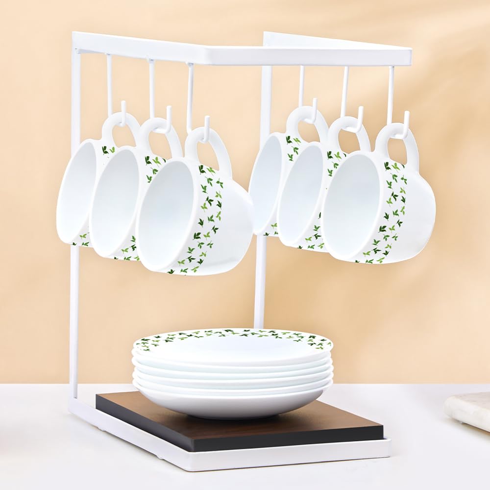 Larah by Borosil Silk Series Sage Opalware Cup and Saucer Set of 12 Pcs | Tea/coffee Cups | 140 Ml