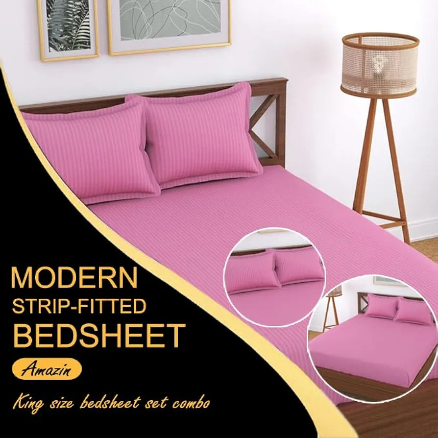 Fresh From Loom 240 TC Satin Striped Elastic Fitted Bed Sheets Bed Covers King Size Bed with Two Pillow Cover Pink