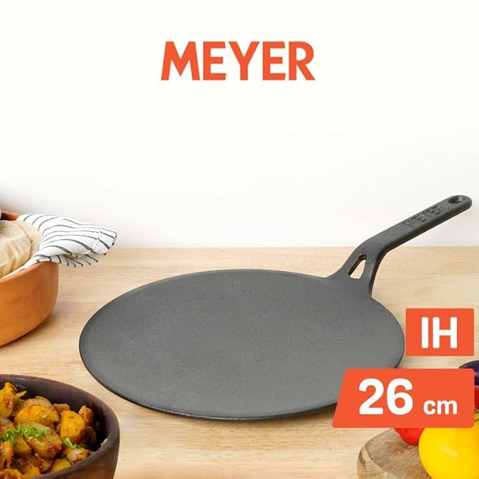 Meyer Pre-Seasoned Cast Iron Roti Tawa Pan with Stick Handle | 24cm Black
