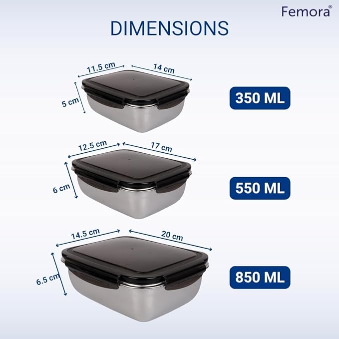Femora High Alloy Steel Rectangle Airtight Leakproof Container With Lock Lid for Office | 350ml, 550ml, 850ml | Silver | Set of 3