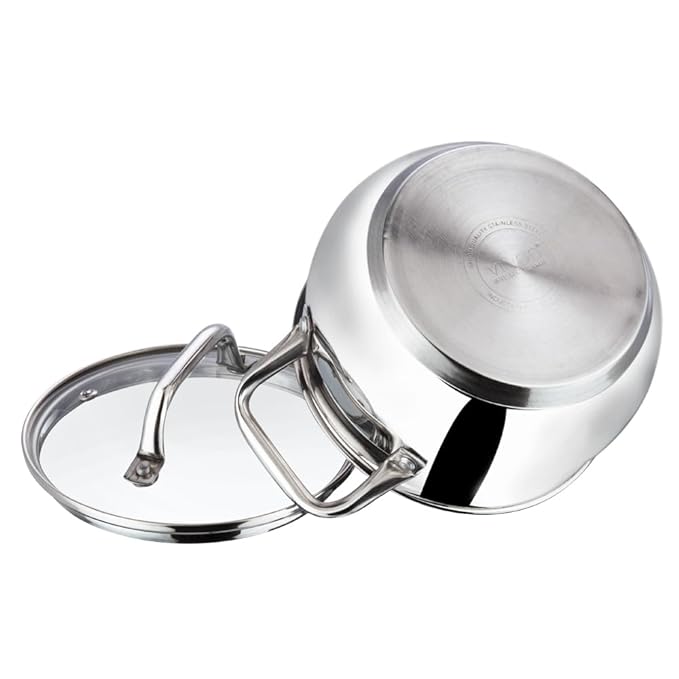 Vinod Almaty Stainless Steel Saucepot with Glass Lid 2 Litre, 16 cm | 2.6mm Thick Base | Triply Saucepot,Sturdy Riveted Handle