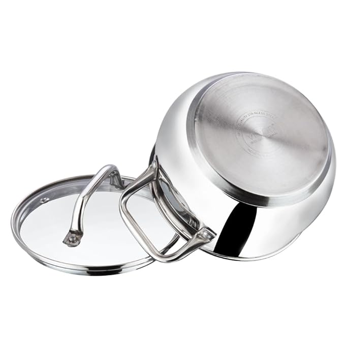 Vinod Almaty Stainless Steel Saucepot With Glass Lid 1.3 Litre, 14 Cm | 2.6mm Thick Base | Triply Casserole | Sturdy Riveted Handle