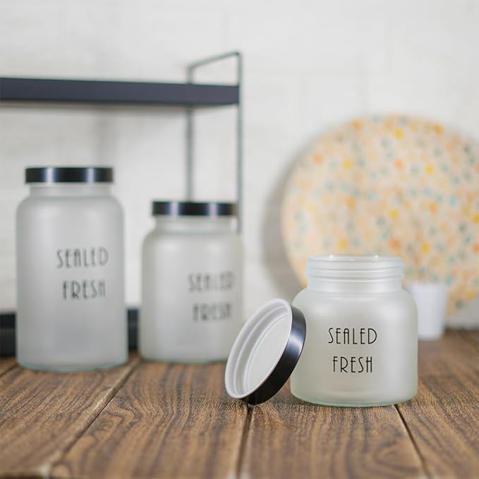 Femora Kitchen Storage Jars Frosted Glass Jar With Steel Lid Air Tight Jar | 1500 Ml | Pack of 4 | Black Lid