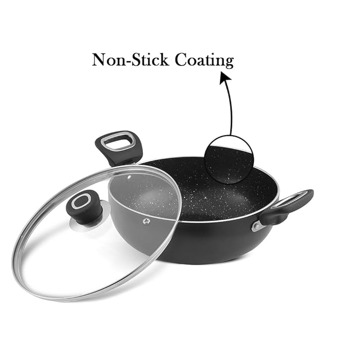 Vinod Zest Marbilo Aluminium Non Stick Deep Kadai with Glass Lid - 2.5 Litre, 24 cm | 5 Layer Coating | Soft Handle