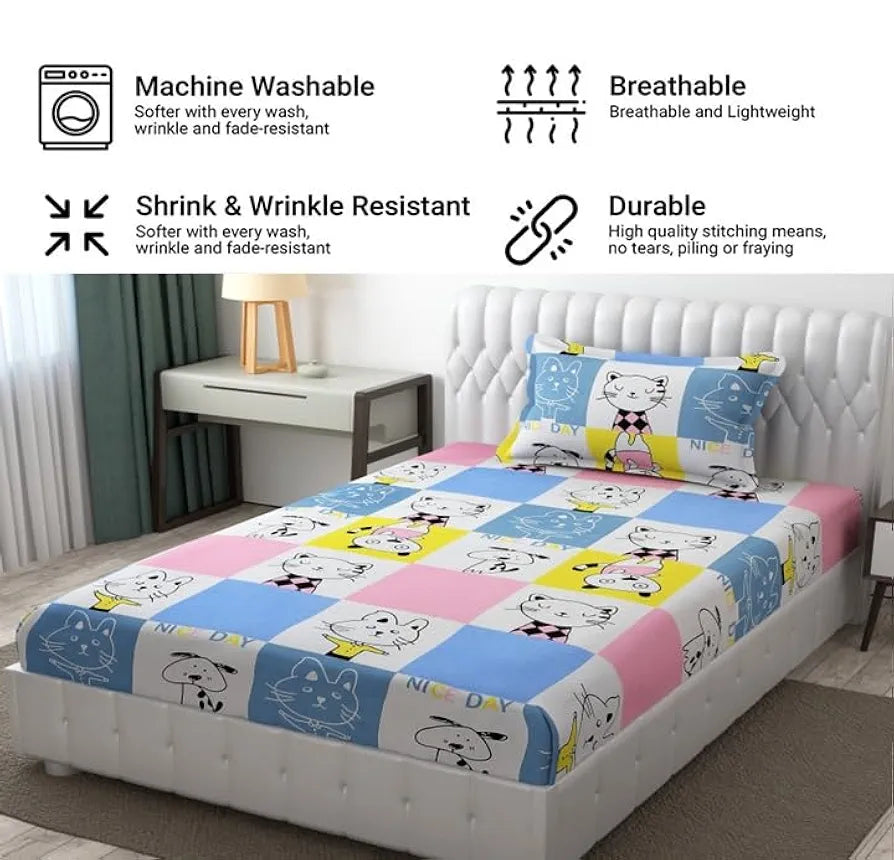 Fresh From Loom Hypoallergenic Glace Cotton Kids Single Bedsheet-Rotary Printed Wrinkle Free With 1 Pillow Covers 144 TC Aqua Pink