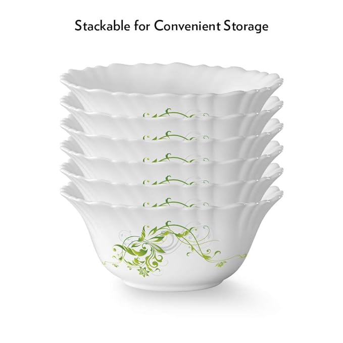 Larah by Borosil Opalware Floral Bowl | Set of 6 | White | 300 Ml