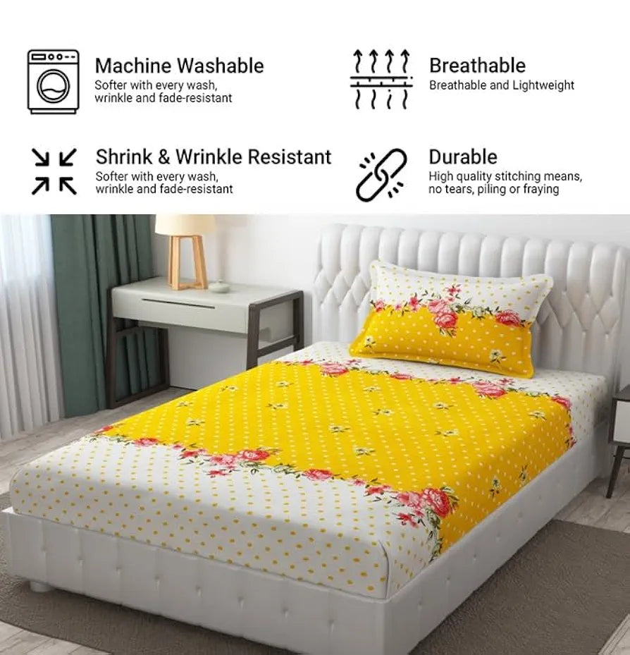 Fresh From Loom Single Bedsheet Single Size with 1 Pillow Covers 144 TC Yellow White
