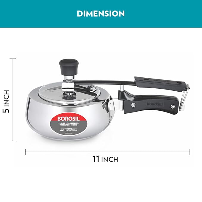Borosil Pronto Induction Base Inner Lid Stainless Steel Pressure Cooker | 6.8 Mm Thick Base | 1 Litres