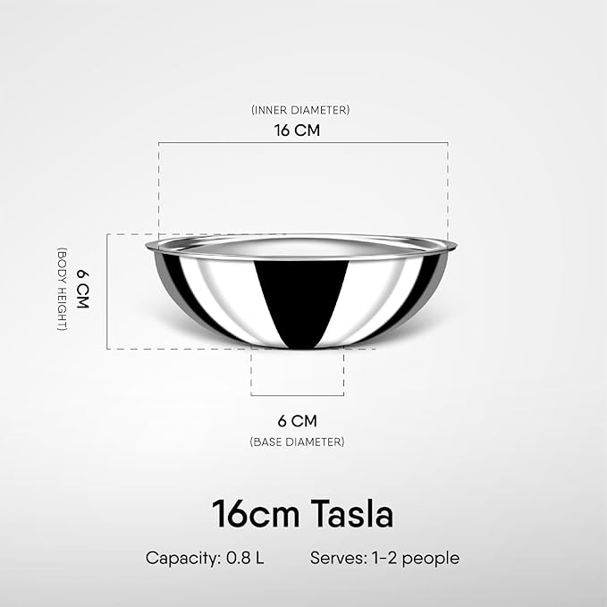 Stahl Artisan Triply Stainless Steel Tasla With Lid | Kadhai Without Handle | Induction & Gas Stove Compatible | 0.7 L | 16 Cm