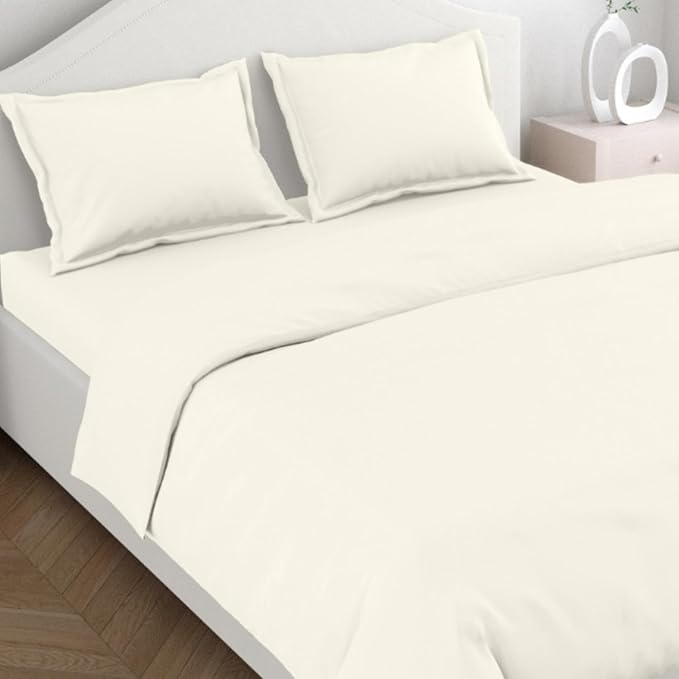 Haus & kinder Cotton Plain Solid Bedsheet for King Size 2 Pillow Covers | Colour Ivory