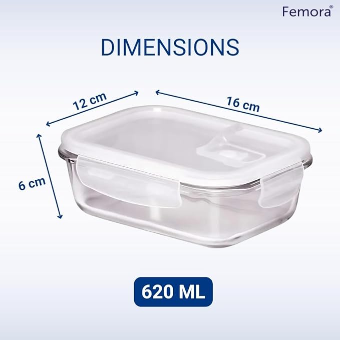 Femora Borosilicate Rectangular Glass Food Storage Container With Air Vent Lid | 620 Ml | Blue