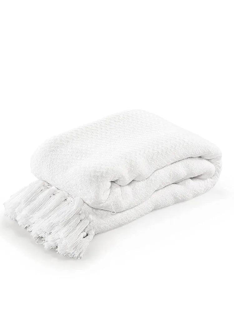 Sashaa World Cotton Chevron Throw Blanket Handwoven with Fringes Colour White