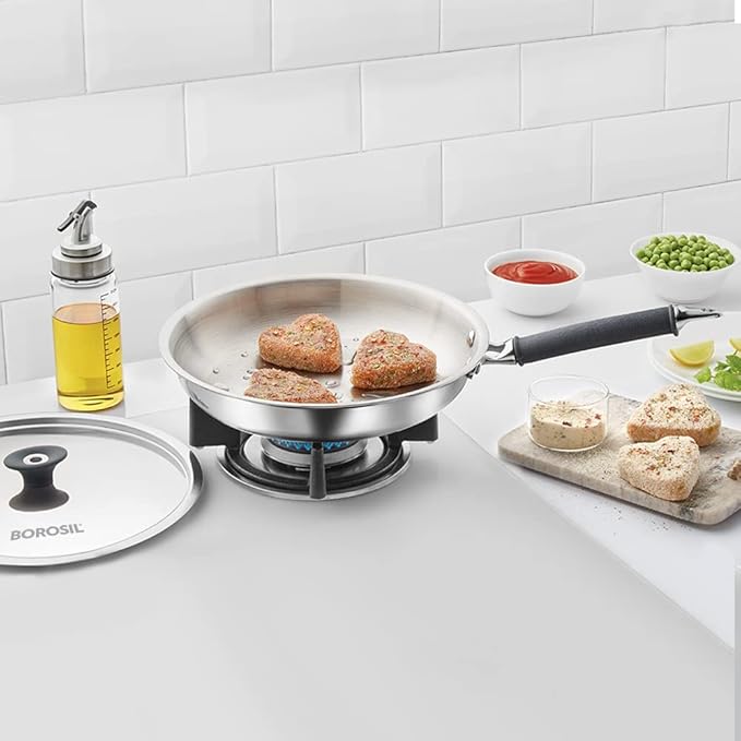 Borosil Cookfresh Tri-ply Stainless Fry Pan With Lid | Induction Friendly | 1.3 Litres | 20 Cm