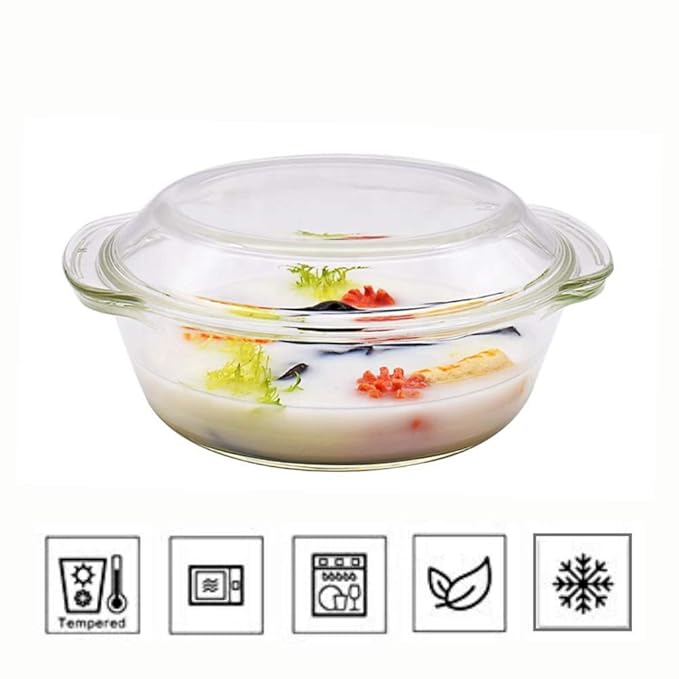 Femora Borosilicate Serving Bowl | Glass Casserole Set, Glass Bowl With Lid, Microwave Safe Bowl Set | 1550 Ml