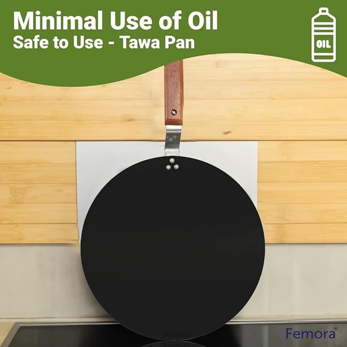 Femora Iron Concave Tawa 12 Inch | 30 Cm | Tava for Roti With Strong Wooden Handle Black | Gas Stovetop Compatible