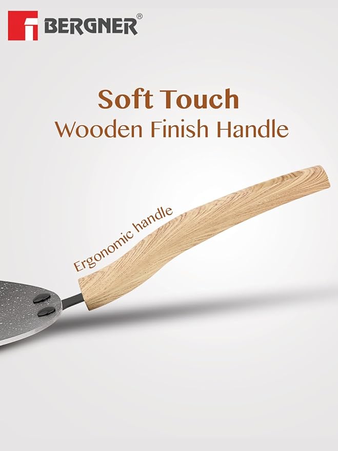 Bergner Earth Black Non-stick 26 Cm Concave Tawa | Wooden Finish Soft Touch Handle | 3mm Thickness | Consumes Less Oil