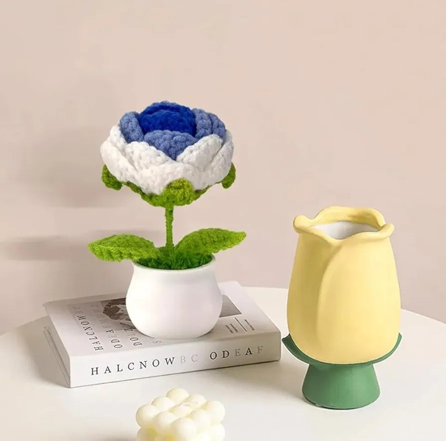Handmade Crochet Flower Pot Blue Rose Shaded 1 PC Artificial Flower Knitted Flower