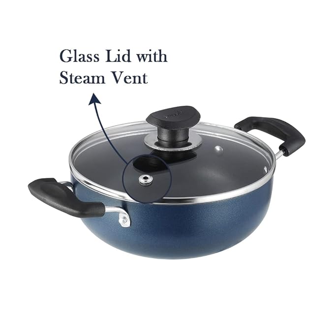 Vinod Zest Aluminium Non Stick Deep Kadhai with Glass Lid - 4.1 Litre, 26cm | 3 Layer Ceramic Coating | 3 mm Thick