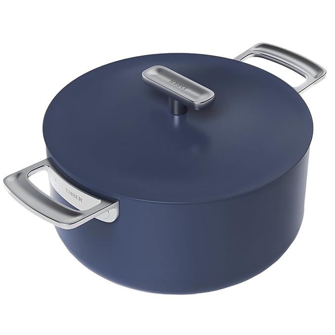 Ember Cookware Arcilla Ceramic Non Stick Dutch Oven 24cm | Metallic Lid | Stainless Steel Handles | Non Toxic Biryani Pot | Blue