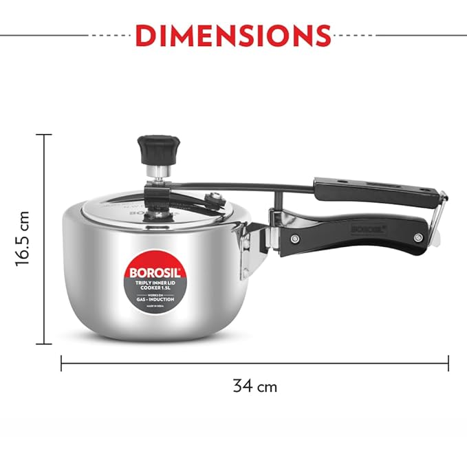 Borosil Triply Induction Base Inner Lid Stainless Steel Pressure Cooker | 1.5 Litres | 500 Milliliter
