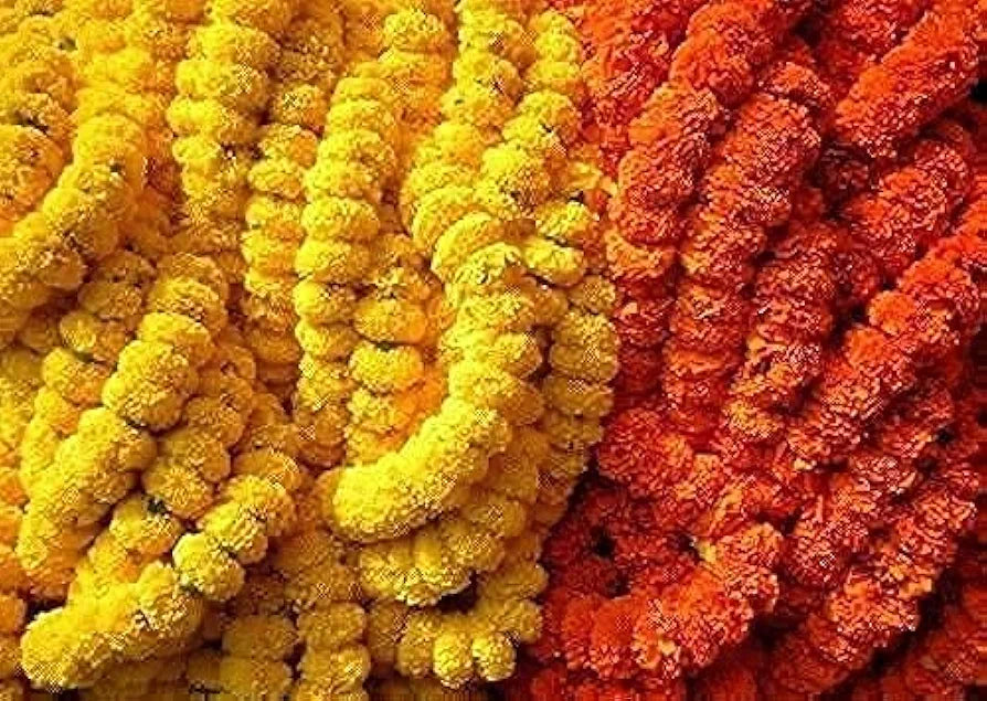 Artificial Marigold Flowers Long Marigold Garlands 4.8 Feet Long Yellow 5 Strings