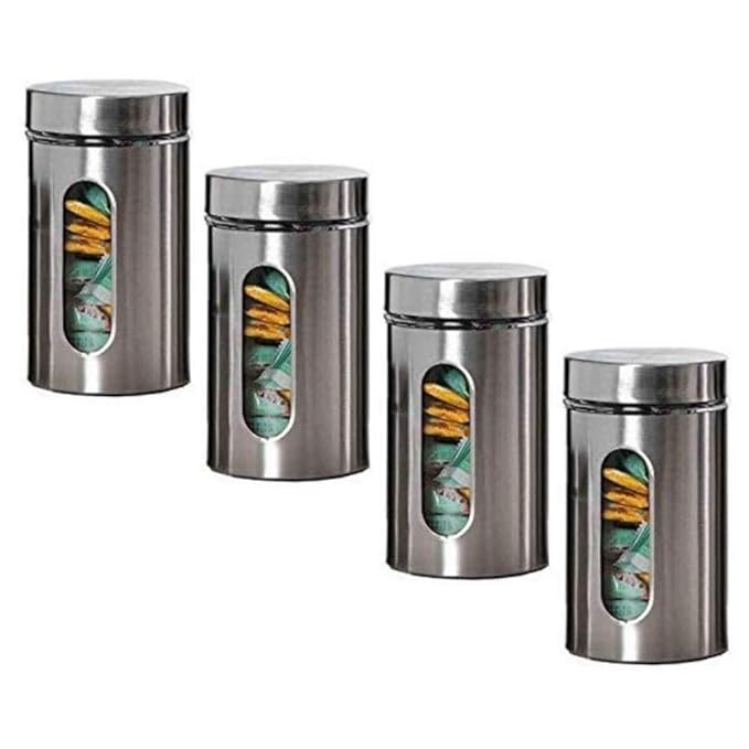 Femora Kitchen Storage Jars Steel Body With See Through Window Jar | 1000 Ml | Pack of 4