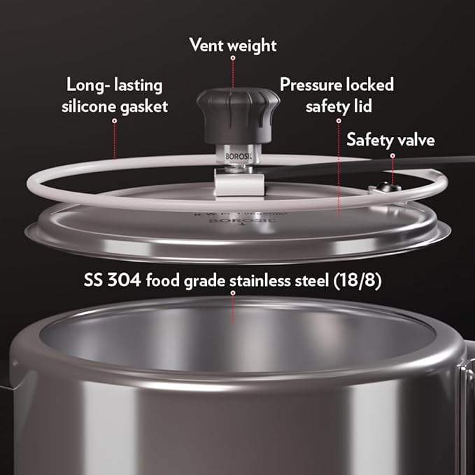 Borosil Triply Induction Base Inner Lid Stainless Steel Pressure Cooker | 1.5 Litres | 500 Milliliter