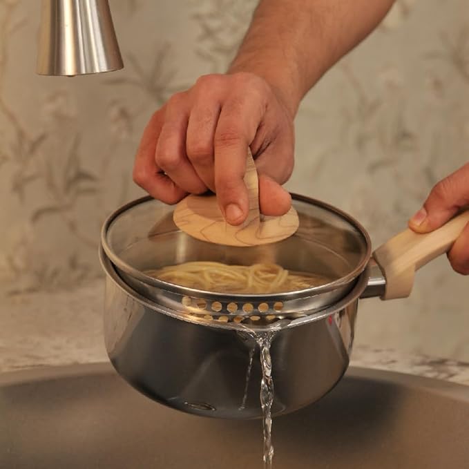 Arttdinox Timber Stainless Steel Triply Saucepan With Glass Lid | Milk Pot | Tea Pan | Gas and Induction Compatible | 16cm | 1.5ltr | Silver