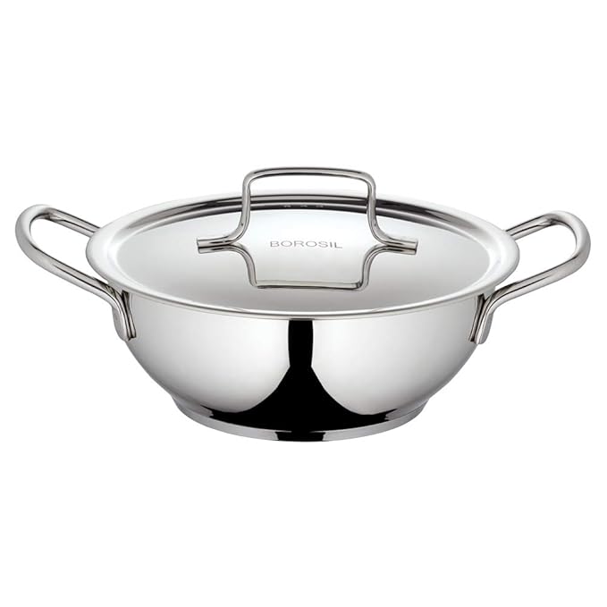 Borosil Stainless Steel Kadhai With Lid | Induction Friendly | Impact Bonded Tri-ply Bottom | 1.8 Litres | 30 Cm