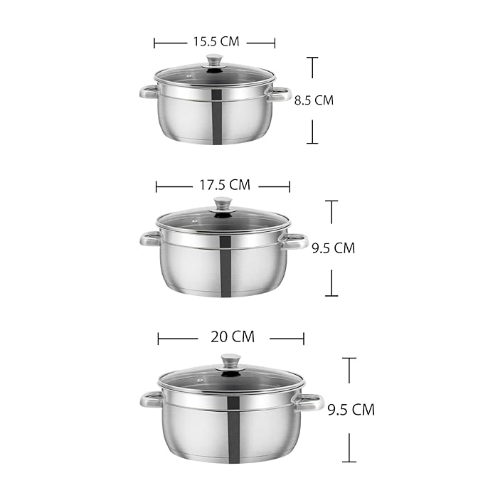 Vinod Bremen Stainless Steel Saucepot Set of 3 with Glass Lid | 2.5mm Thick Base | Riveted Sturdy Handle