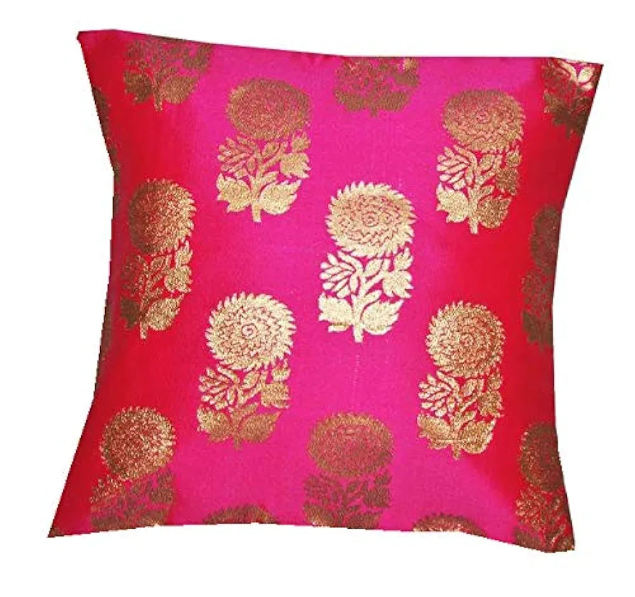 Pink Parrot Self Flower Pattern Design Jacquard Square Cushion Cover Colour Pink (Pack Of 2)