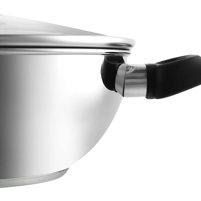 Vinod Stainless Steel Deluxe Kadhai with Glass Lid - 2.8 litre, 24cm | Extra Thick, SAS Bottom | Soft Handle | Kadai for Cooking